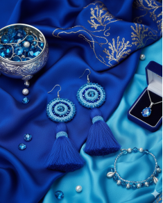 Háčkované dizajnové náušnice "50 odtieňov modrej" UNIKÁTNE